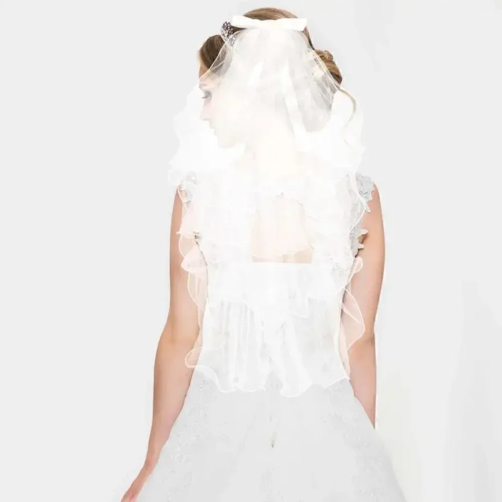 5 Layer Pearl Accents Elbow Bridal Wedding Veil With Satin Bow Comb White Veil
